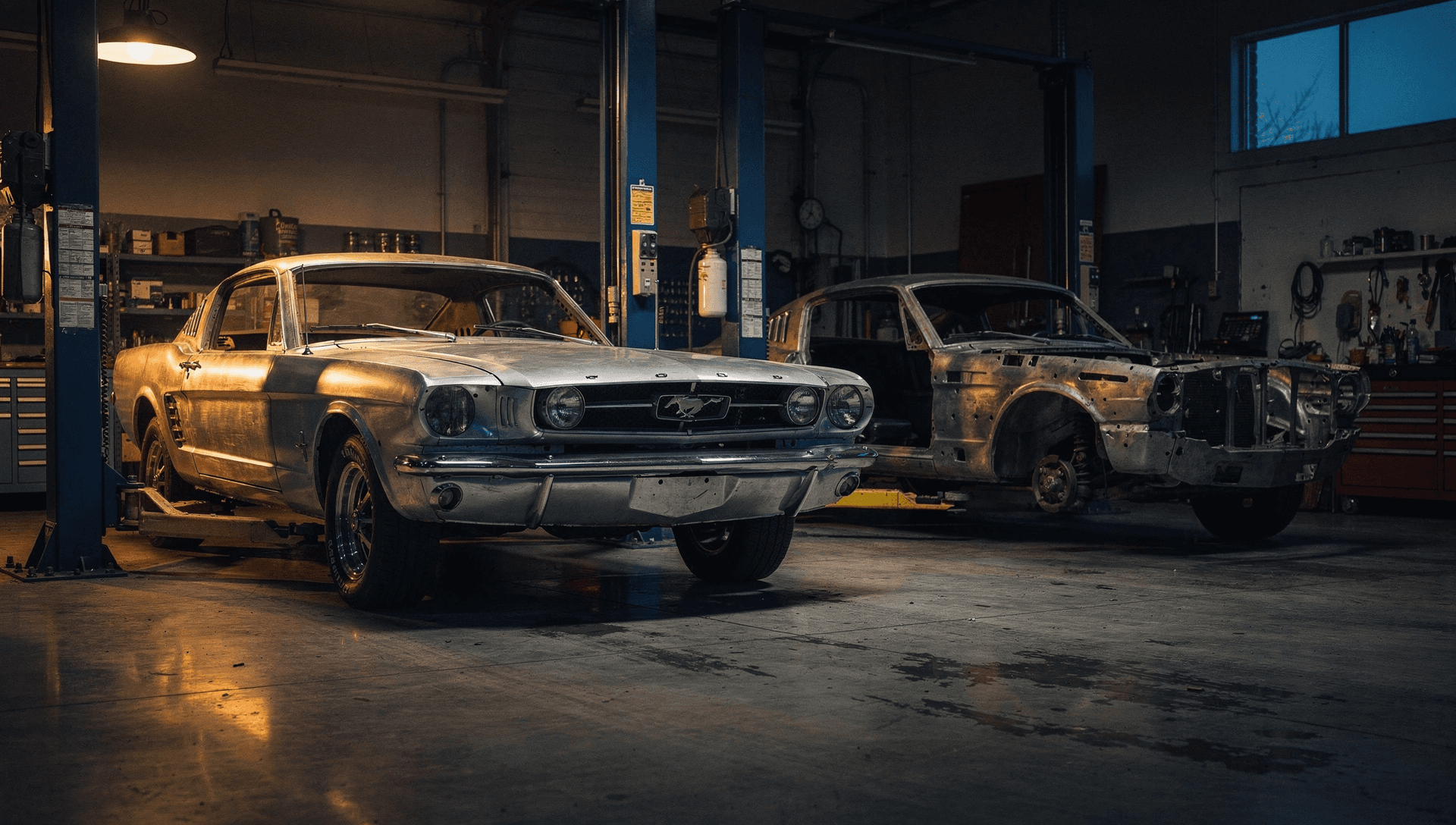 1966 Ford Mustang restoration in progress at Wally's Auto Garage